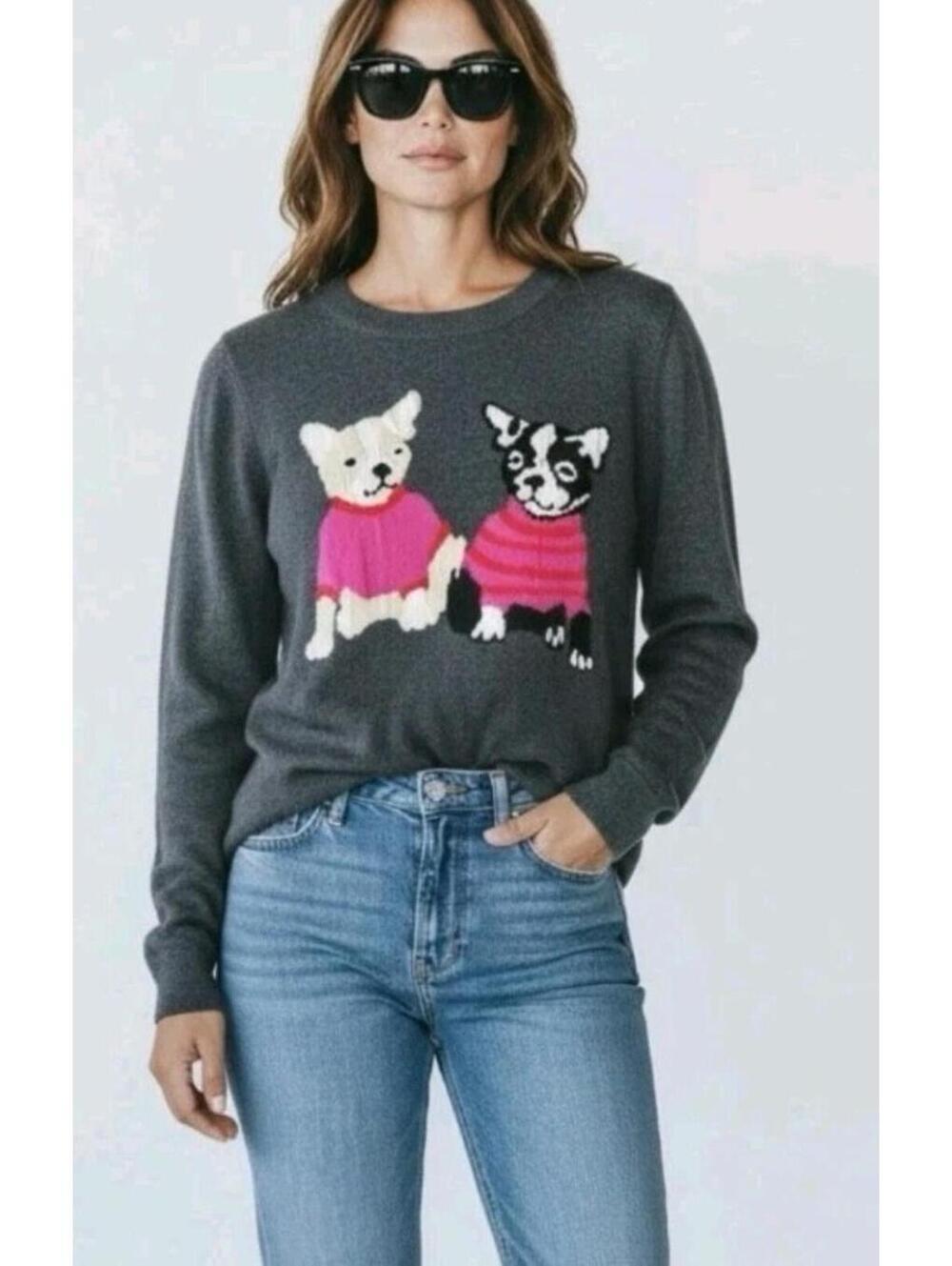 J Crew Mercantile Womens Sweater Dark Gray French Bulldog Knit Wool Blend Size M